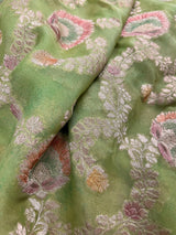 Pastel Green and Sea Green pure khaddi georgette banarasi silk saree with muted gold zari jaal & meenakari — Kaash Collection