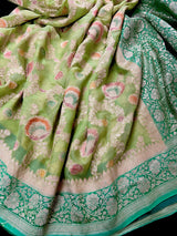 Pastel Green and Sea Green Color Pure Khaddi Georgette Banarasi Silk Saree | Floral Meenakari Jaal Silk Sari | SILK MARK CERTIFIED - Kaash