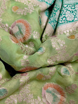 Pastel Green and Sea Green Color Pure Khaddi Georgette Banarasi Silk Saree | Floral Meenakari Jaal Silk Sari | SILK MARK CERTIFIED - Kaash
