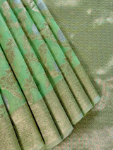 Pastel Green Color Linen Silk Saree with Banarasi Borders and Pallu and Floral Jaal Weave - Kaash