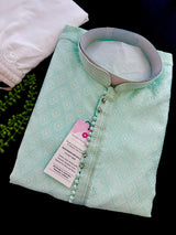 Pastel Green Soft Silk Men Kurta Pajama with Self Design material - Kaash