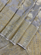 Pastel Grey with Hot Pink Border Banarasi saree in banarasi satin silk with muted gold zari floral jaal — Kaash Collection