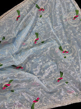Pastel Ice Blue tissue net dupatta with silver zari & parrot motifs — Kaash Collection