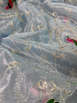 Pastel Ice Blue tissue net dupatta with silver zari & parrot motifs — Kaash Collection