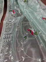 Pastel Ice Green tissue net dupatta with silver zari & parrot motifs — Kaash Collection