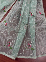 Pastel Ice Green tissue net dupatta with silver zari & parrot motifs — Kaash Collection