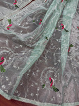 Pastel Ice Green tissue net dupatta with silver zari & parrot motifs — Kaash Collection