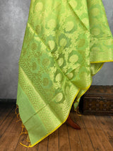 Pastel Light Green Semi Silk dupatta in cotton silk (non-pure) with floral jaal with muted gold zari — Kaash Collection