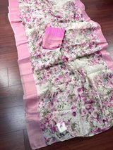Pastel Lilac Floral Linen Cotton saree in linen blend cotton silk with floral print with subtle tissue border — Kaash Collection