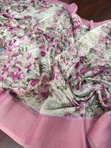 Pastel Lilac Floral Linen Cotton saree in linen blend cotton silk with floral print with subtle tissue border — Kaash Collection