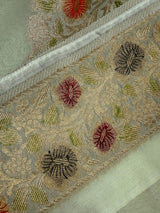 Pastel Lime semi pure khaddi georgette silk saree with hand-brush paint with floral weave — Kaash Collection