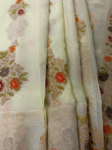 Pastel Lime semi pure khaddi georgette silk saree with hand-brush paint with floral weave — Kaash Collection