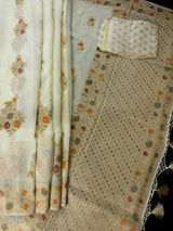 Pastel Lime semi pure khaddi georgette silk saree with hand-brush paint with floral weave — Kaash Collection