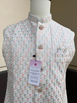 Pastel Pearl Off White men's Nehru/Modi jacket in silk (non-pure) with embroidery, thread & sequin work — Kaash Collection