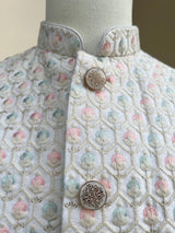 Pastel Pearl Off White men's Nehru/Modi jacket in silk (non-pure) with embroidery, thread & sequin work — Kaash Collection