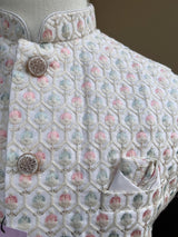 Pastel Pearl Off White men's Nehru/Modi jacket in silk (non-pure) with embroidery, thread & sequin work — Kaash Collection