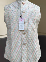 Pastel Pearl Off White men's Nehru/Modi jacket in silk (non-pure) with embroidery, thread & sequin work — Kaash Collection