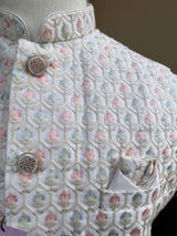 Pastel Off White Jacket for Men with Intricate Embroidery, thread and Sequence Work | Jacket for Kurta | Mens Wedding wear Outfits - Kaash