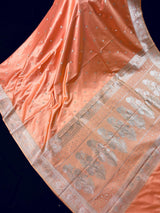 Pastel Peach Banarasi Mashru Silk Saree, Muted Gold Zari Weave, Small Buttis Border - Kaash