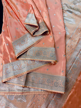 Pastel Peach Banarasi Mashru Silk Saree, Muted Gold Zari Weave, Small Buttis Border - Kaash