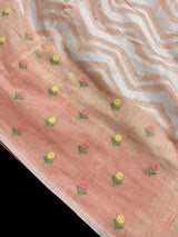 Pastel Peach Color Linen blend with Cotton Silk Saree and Embroidery floral buttis - Kaash