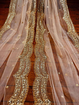 Pastel Peach Net Sequin dupatta in net with gold zari, sequin & bead work on net — Kaash Collection