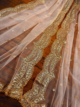 Pastel Peach Net Sequin dupatta in net with gold zari, sequin & bead work on net — Kaash Collection