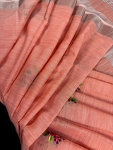 Pastel Peach Linen Silk Saree with Floral Embroidery with Zari Work - Kaash