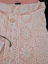 Pastel Peach Pink men's kurta pajama in pure cotton with lucknowi chikankari with silver sequin — Kaash Collection