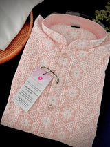 Pastel Peach Pink men's kurta pajama in pure cotton with lucknowi chikankari with silver sequin — Kaash Collection