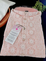 Pastel Peach Pink Color Chikankari Lucknowi Pure Cotton Kurta Pajama Set with Sequin and with Lining -Chikhankari Kurta - Kaash
