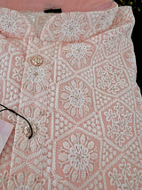 Pastel Peach Pink Color Chikankari Lucknowi Pure Cotton Kurta Pajama Set with Sequin and with Lining -Chikhankari Kurta - Kaash