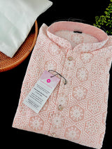 Pastel Peach Pink Color Chikankari Lucknowi Pure Cotton Kurta Pajama Set with Sequin and with Lining -Chikhankari Kurta - Kaash