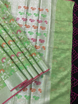 Pastel Pista Green Cotton Silk Banarasi saree in banarasi cotton silk with silver zari with floral jaal & meenakari — Kaash Collection