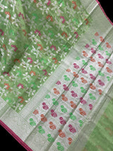 Pastel Pista Green Cotton Silk Banarasi saree in banarasi cotton silk with silver zari with floral jaal & meenakari — Kaash Collection