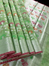 Pastel Pista Green Cotton Silk Banarasi saree in banarasi cotton silk with silver zari with floral jaal & meenakari — Kaash Collection