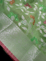 Pastel Pista Green Cotton Silk Banarasi saree in banarasi cotton silk with silver zari with floral jaal & meenakari — Kaash Collection