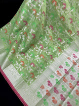 Pastel Pista Green Banarasi Silk Cotton Saree with Sliver Zari Borders and Floral Jaal with Meenakari | C Pastel Color Saree for Gift - Kaash