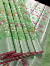 Pastel Pista Green Banarasi Silk Cotton Saree with Sliver Zari Borders and Floral Jaal with Meenakari | C Pastel Color Saree for Gift - Kaash