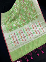Pastel Pista Green Banarasi Silk Cotton Saree with Sliver Zari Borders and Floral Jaal with Meenakari | C Pastel Color Saree for Gift - Kaash
