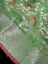 Pastel Pista Green Banarasi Silk Cotton Saree with Sliver Zari Borders and Floral Jaal with Meenakari | C Pastel Color Saree for Gift - Kaash