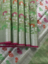 Pastel Pista Green Banarasi Silk Cotton Saree with Sliver Zari Borders and Floral Jaal with Meenakari | C Pastel Color Saree for Gift - Kaash