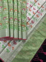 Pastel Pista Green Banarasi Silk Cotton Saree with Sliver Zari Borders and Floral Jaal with Meenakari | C Pastel Color Saree for Gift - Kaash