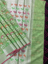 Pastel Pista Green Banarasi Silk Cotton Saree with Sliver Zari Borders and Floral Jaal with Meenakari | C Pastel Color Saree for Gift - Kaash