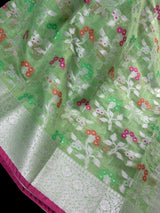 Pastel Pista Green Banarasi Silk Cotton Saree with Sliver Zari Borders and Floral Jaal with Meenakari | C Pastel Color Saree for Gift - Kaash