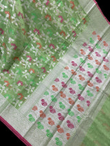 Pastel Pista Green Banarasi Silk Cotton Saree with Sliver Zari Borders and Floral Jaal with Meenakari | C Pastel Color Saree for Gift - Kaash