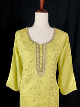Pastel Pista Green Chikhenkari Salwar Kameez with Dupatta - Embroidery, Mirror and Stone Work - Handwork 3pcs Suit for Women - Kaash