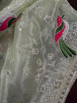 Pastel Pista Green tissue net dupatta with silver zari & parrot motifs — Kaash Collection