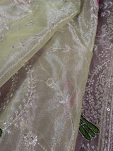 Pastel Pista Green tissue net dupatta with silver zari & parrot motifs — Kaash Collection