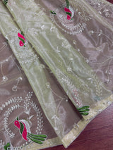 Pastel Pista Green tissue net dupatta with silver zari & parrot motifs — Kaash Collection